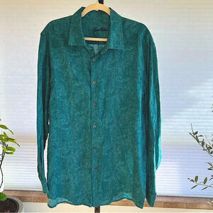 Tasso Elba Classic Paisley Linen Shirt Teal Blue XL Spring Vacation Coastal